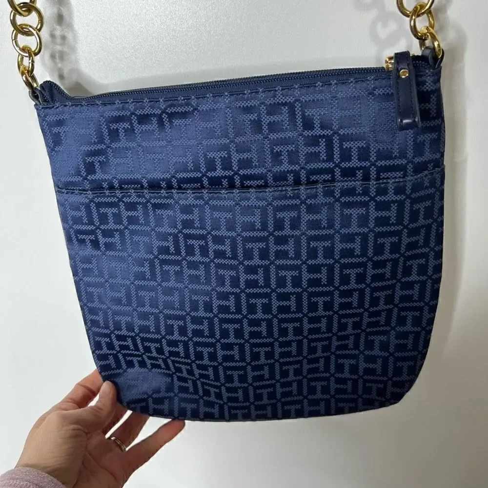 Tommy Hilfiger Women's Navy Blue Synthetic Leather Logo Print Cross Body Bag